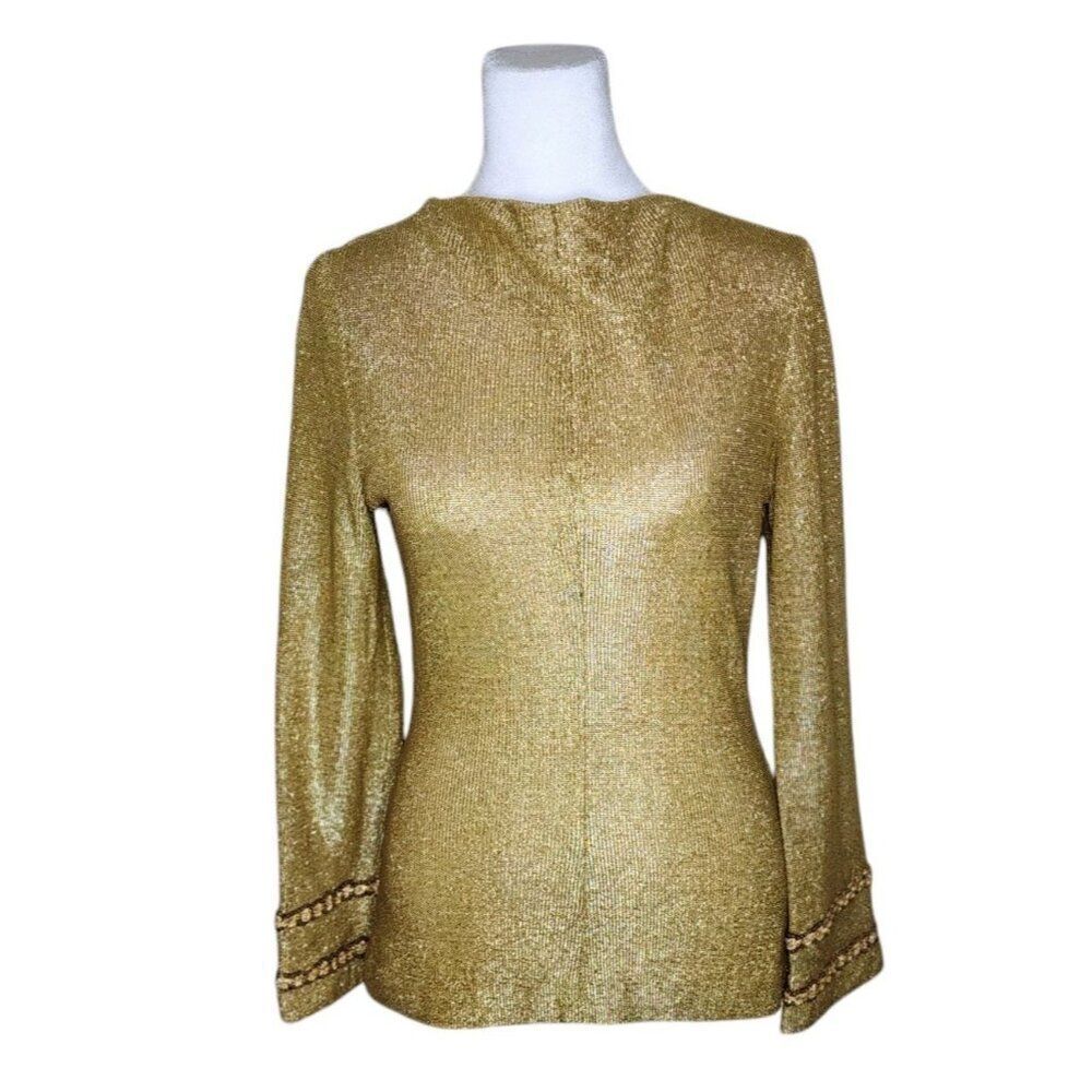 Vintage 60s Lilli Diamond Bell Sleeve High Neck Long Sleeve Top Womens S Gold Mo